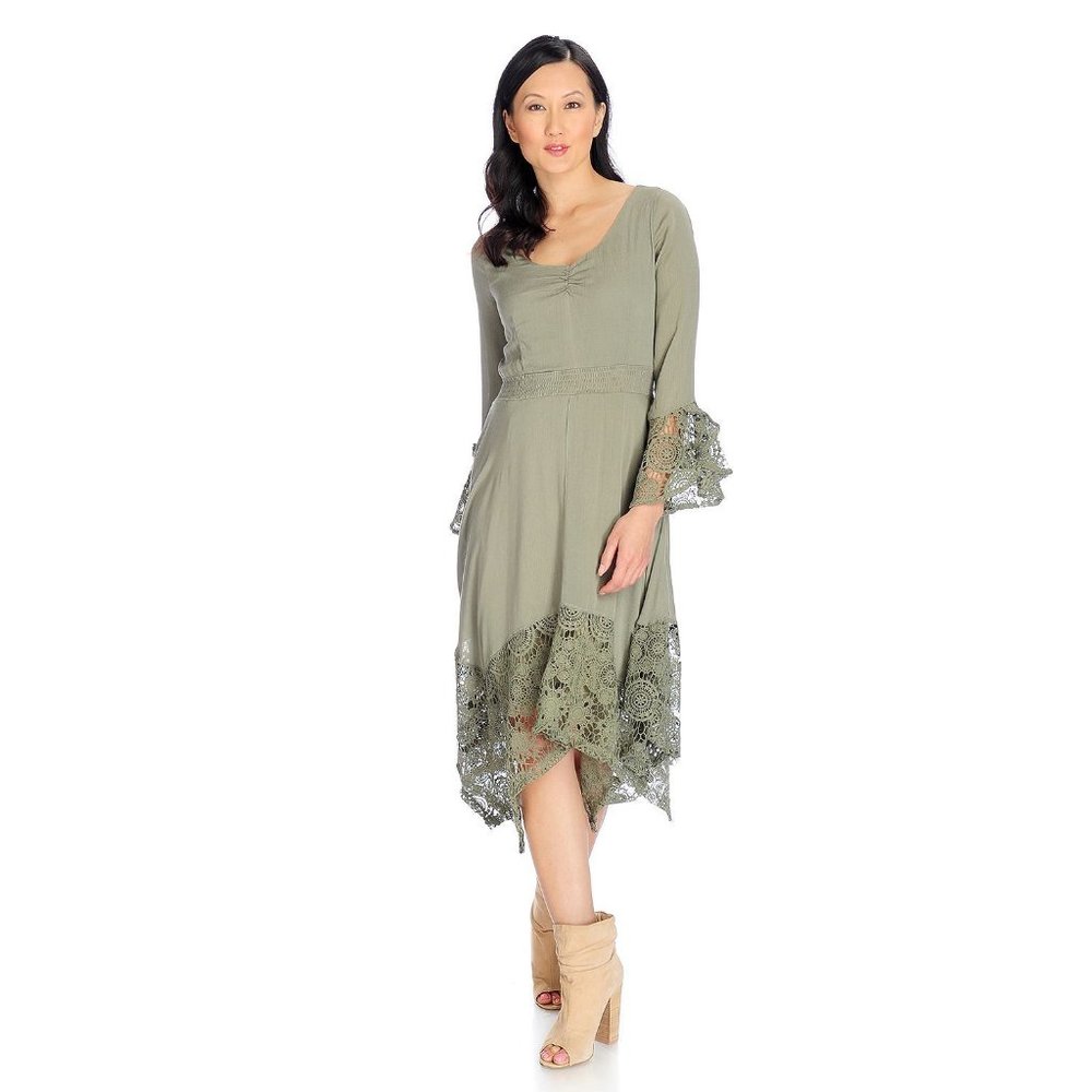 Dusty Olive 4 Pt Hem Dress with Crochet Trim